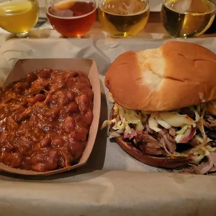 Pulled pork beans and pulled pork sandwich