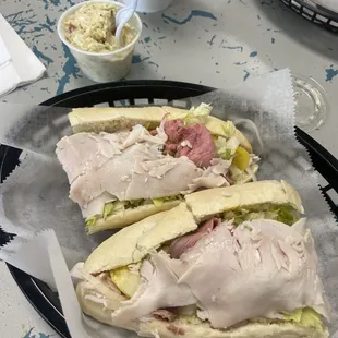 Turkey and roast beef with everything and small potato salad