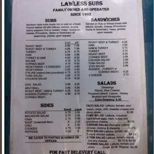 Lawless Sub&apos;s menu.