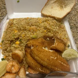 Grilled fish &amp; Shrimp plate with shrimp fried rice!