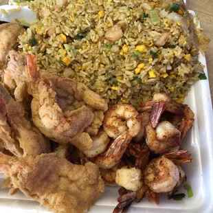 15 fried and 15 grilled shrimp with fried rice.