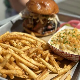 Brisket Sandwich with fries and Mac &amp; Cheese