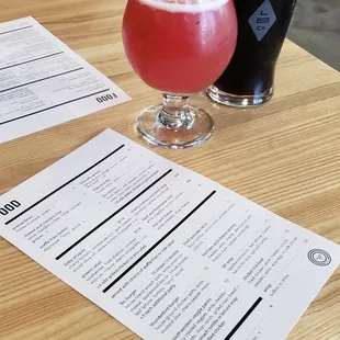 Craft beer on a hot summer day. Raspberry berliner Weiss on the left, lavender diamond porter on the right.