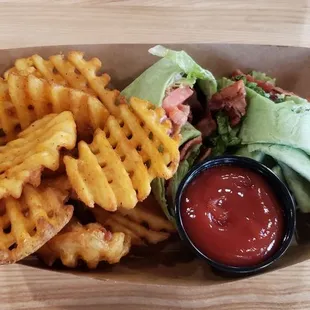 BLT wrap and waffle fries