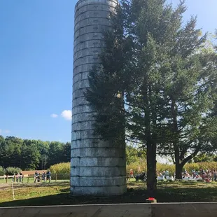 a silo in the background