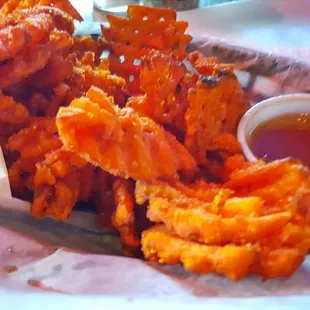 Sweet potato fries with Carmel dipping sauce to share.  Best I've ever had this side of the Ohio.