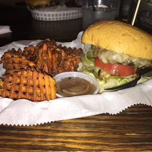 Lawrenceburger with sweet potatoes fries with the caramel dip (who ever thought about this combo deserve a medal!)