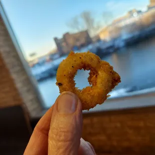 a hand holding a fried donut