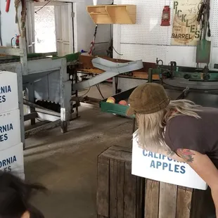 a woman picking apples from a box