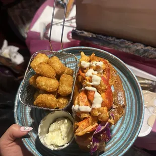 Lobster Roll with Cajun tater tots