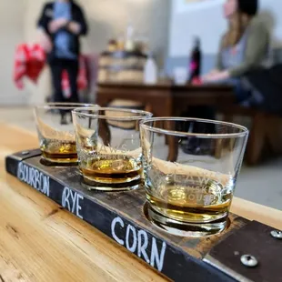End of tour flight: bourbon, rye, bonded corn
