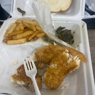Fried tilapia , Collard Greens, and fries.