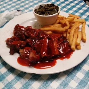 BBQ Pork Tips,Fries,and Greens