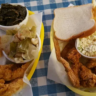 Rib and perch combo with greens and cabbage; 3 wings with coleslaw and fries.