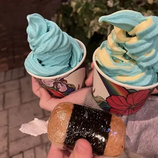 Blue vanilla ice cream, vanilla and pineapple, musubi