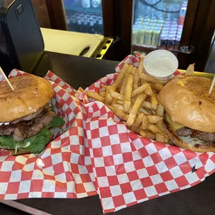 Lay Low Burger and western bbq burger with fries
