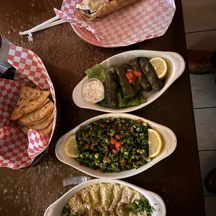 Boba ganoush, Arabian salad, grape leaves