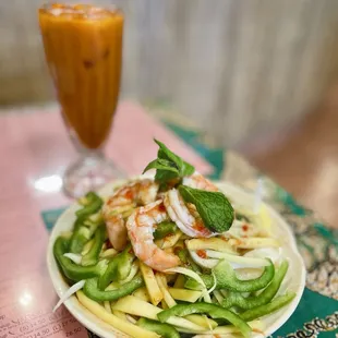 Thai Ice Tea and Mango Shrimp Salad