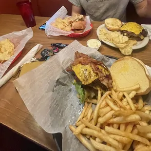 Double cheeseburger with bacon, French Fries, Laycoff&apos;s Original Grinder, chips, Italian grinder