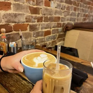 Latte and iced white chocolate mocha with oat milk