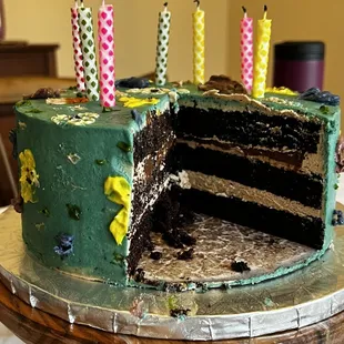 a chocolate cake with a slice taken out of it