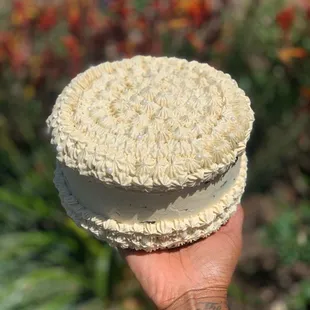 London Fog Cake: Black Cocoa Sponge, Caramel Pastry Cream, Cardamom Streusel, Earl Grey German Buttercream