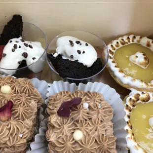 High tea: chocolate petit four, lemon meringue tart