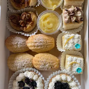 Custom High Tea Dessert: Pecan Buns, Lime Curd, Vanilla &amp; Lemon Cardamom Petit Four, Madelines, Fruit Tarts. Delivered to your home!