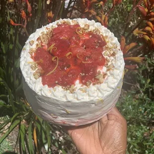 Vegan Strawberry, Basil, Toasted Almond Cake