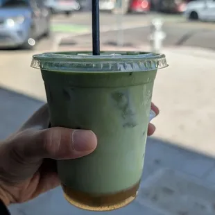 Iced poached pear matcha latte (seasonal)
