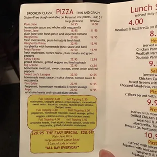 Pizza menu