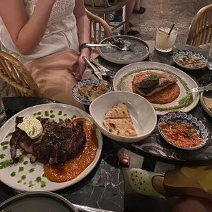 mezze platter, grilled ribeye, moroccan salmon