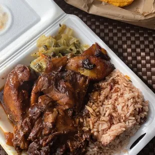 Brown Stew Chicken Bowl and a beef patty