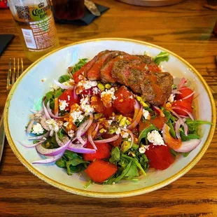 Watermelon salad with steak added