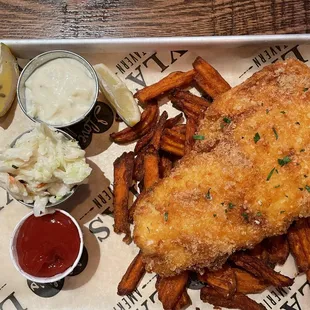 Delicious &amp; flaky Fish &amp; Chips with sweet potato fries.