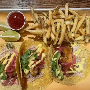 Fish tacos with truffle fries.