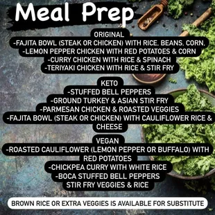 Meal prep menu