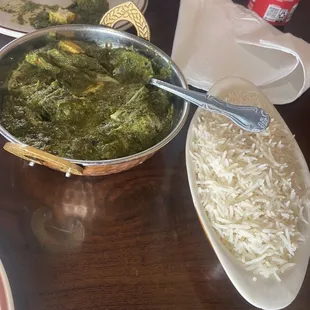 Palak Paneer, garlic naan, chicken tikka sandwich, rice