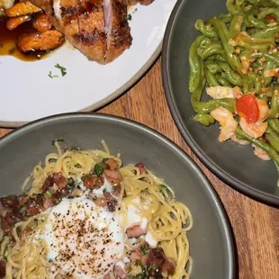 Grilled half Chicken, Gemelli Verde, Carbonara