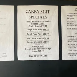 Updated carry out menu &amp; specials