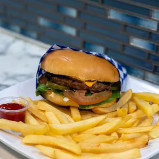 beef burger with fries