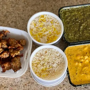 Pakoras, Paneer Saag, Veggie Korma, Rice