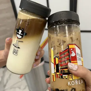 Coffee with hazelnut and a Black Milk Tea with boba