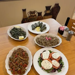 Stuffed Grape Leaves, Sleek, Mujaddra, Tomato Mozzarella Salad &amp; Loobyeh