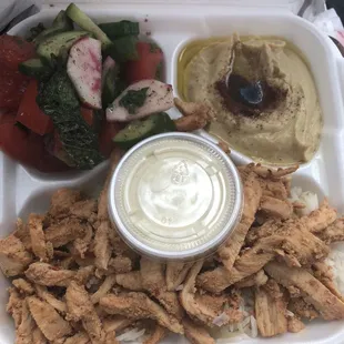 Chicken Schwarma (spelling) with Salad, Veggies and Hummus.