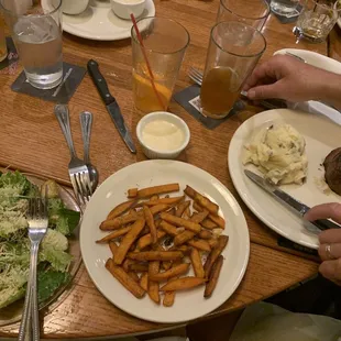 Filet mignon, mashed potatoes, sweet potato fries and a Caesar salad.  And poolside to drink- delicious summer drink!