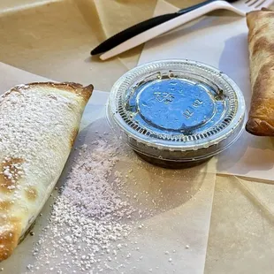 20. Milk Caramel, Cream Cheese and Peach Empanada (left) &amp;  15. Spicy Chicken