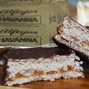 two pieces of chocolate and caramel