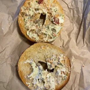 Artisan Aisago-onion Bagel with jalapeño salsa schmear