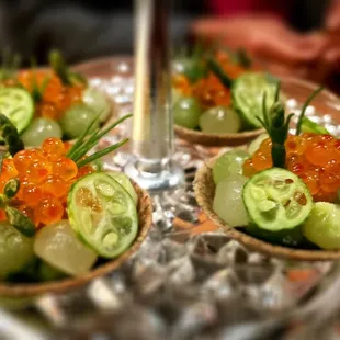 Loved these little trout roe tarts with tiny lemon cucumbers served in an edible buckwheat tart shell